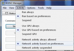 The BOINC Manager Activity menu.