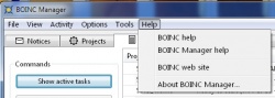 The BOINC Manager Help menu.